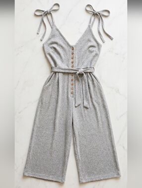 [Cistar]Heather Grey Linen Blend Tie Straps  Button-Front Wide Leg Jumpsuit